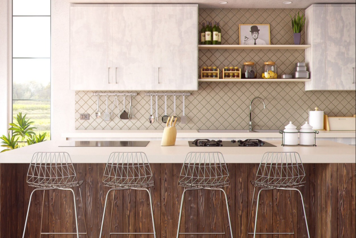 Modern kitchen with a wooden island, wire-frame bar stools, tiled backsplash, and open shelving.